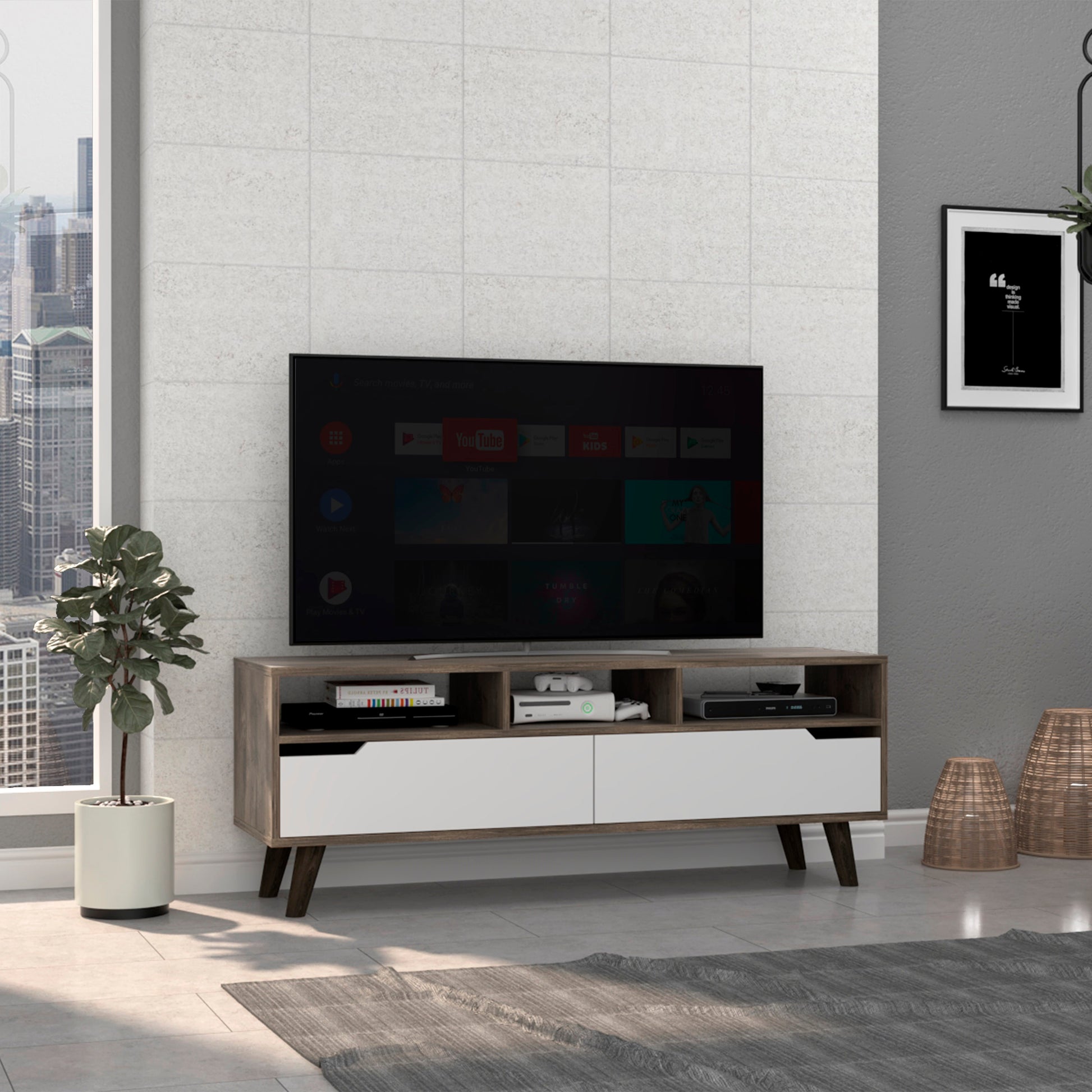 Modern media console with white drawers and woodgrain finish perfect for living rooms