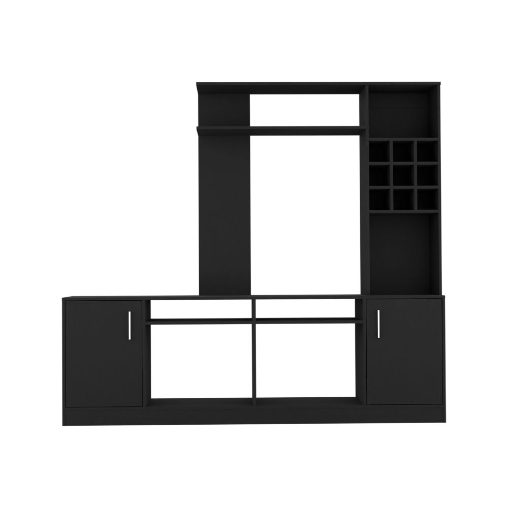 Modern black entertainment center with multiple shelves and cabinet storage