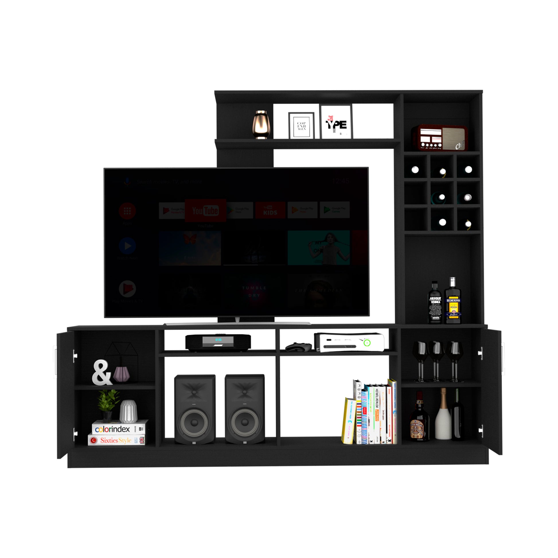 Black modern entertainment center with mounted TV and wine storage