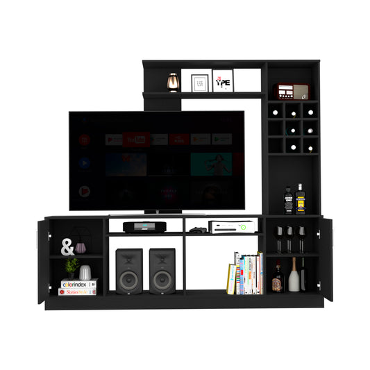 Black modern entertainment center with mounted TV and wine storage