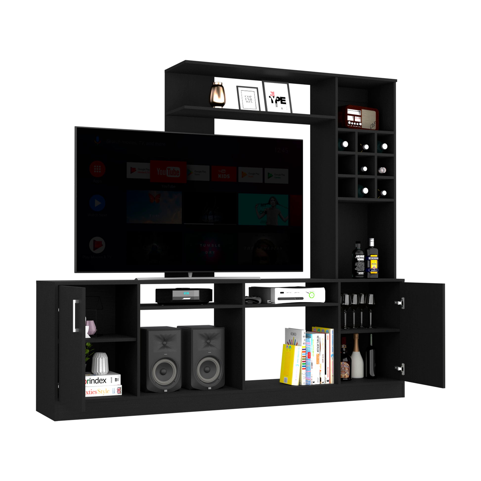 Black modern entertainment center with integrated TV wine rack and shelving for audio equipment