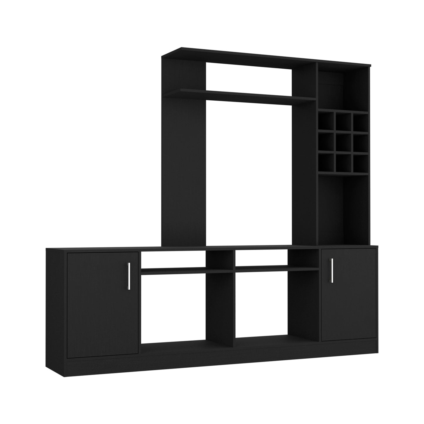 Black modern media console with open shelving and wine rack