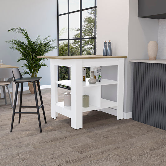 Compact white kitchen island with wood top and open shelves