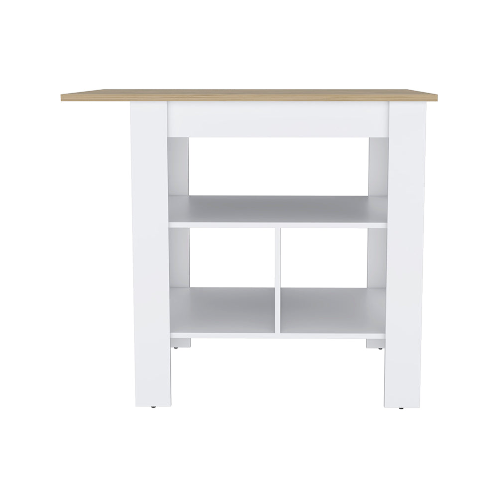 White entryway table with two shelves and a faux wood top