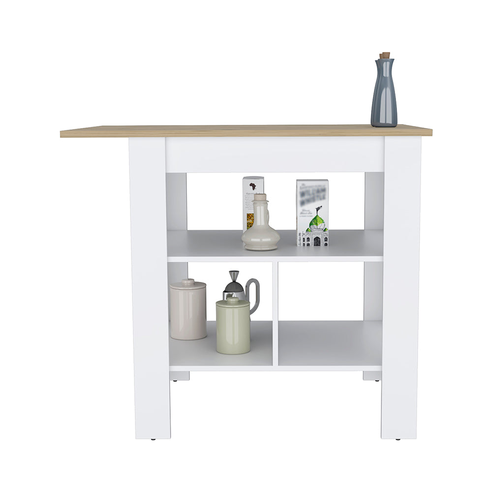 White and oak wood kitchen island with open shelving
