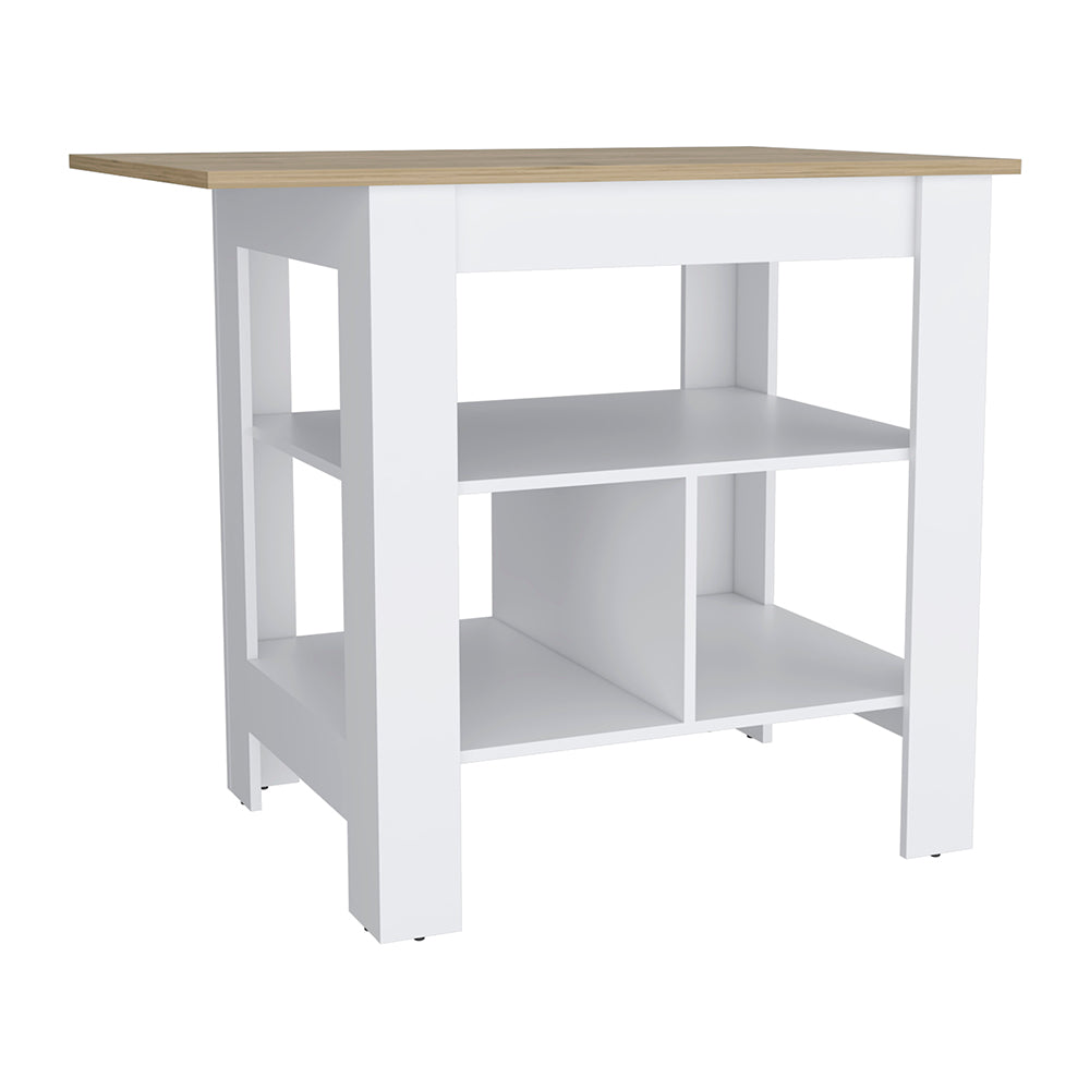 White and oak entryway console table with open shelving