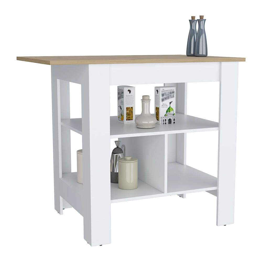 White kitchen island with wooden top and open shelving