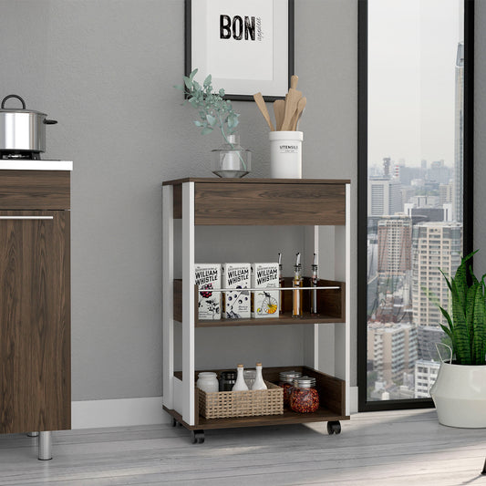 Modern kitchen cart with dark wood finish and white frame