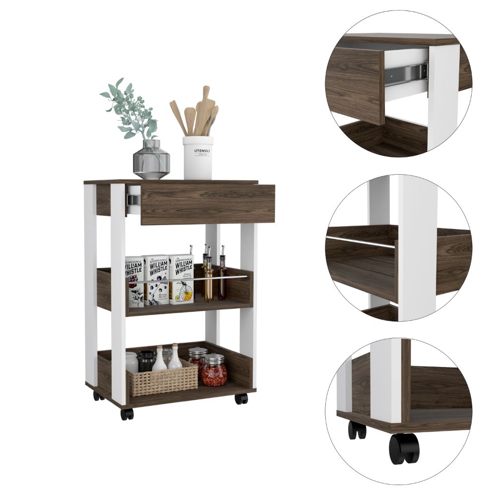 Brown and white kitchen cart with drawer and shelves
