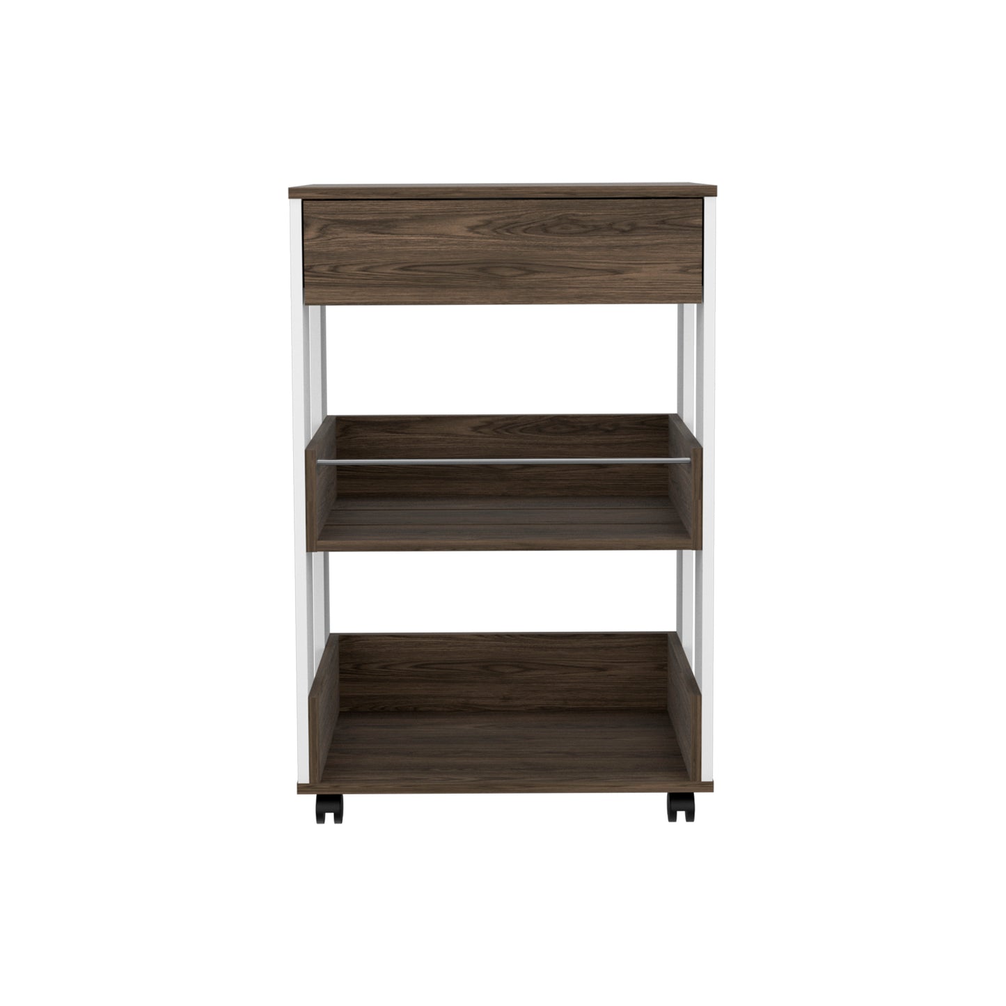 Dark wood tier rolling storage cart with white frame