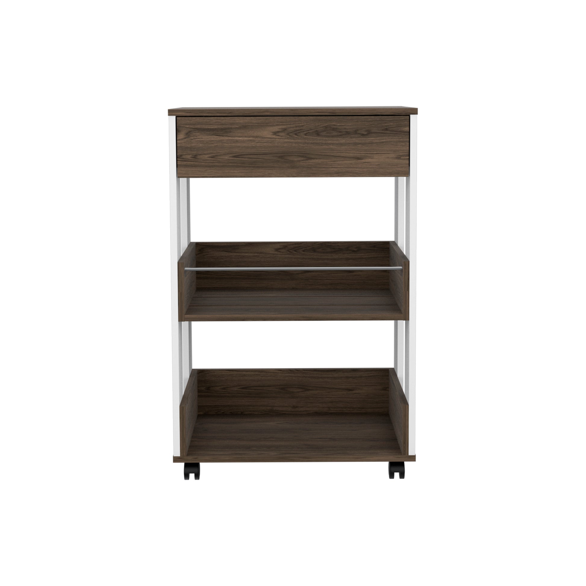 Dark wood tier rolling storage cart with white frame