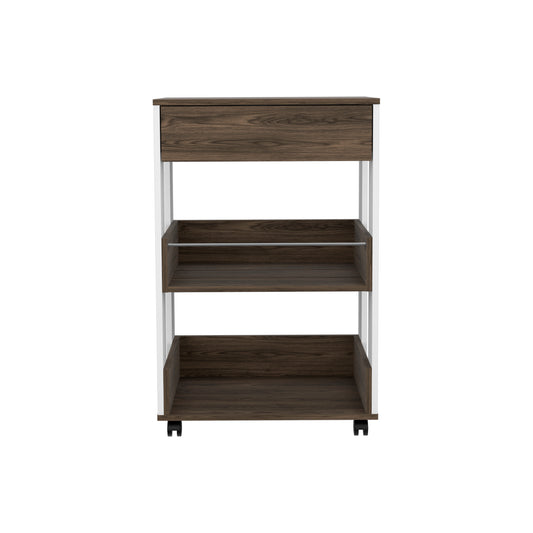 Dark wood tier rolling storage cart with white frame