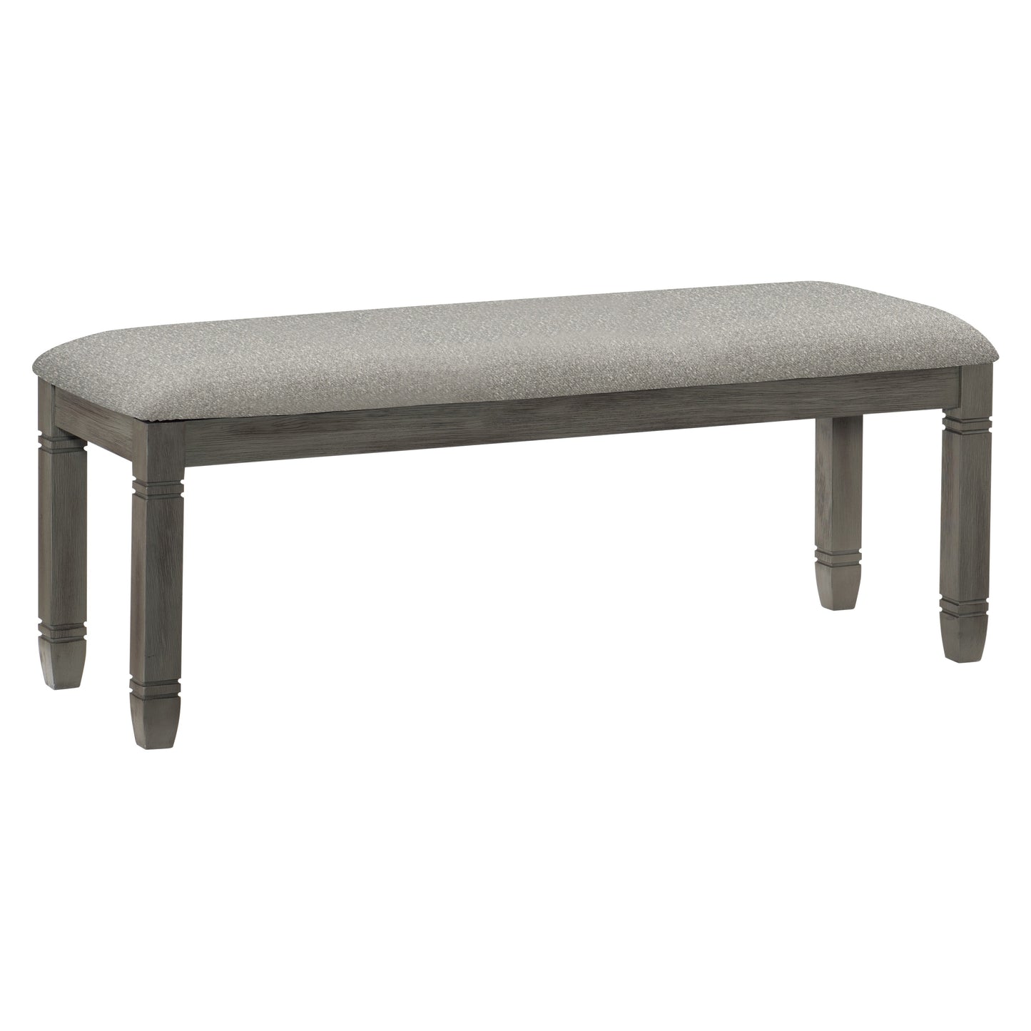Gray upholstered dining bench with carved wooden legs and a neutral fabric seat