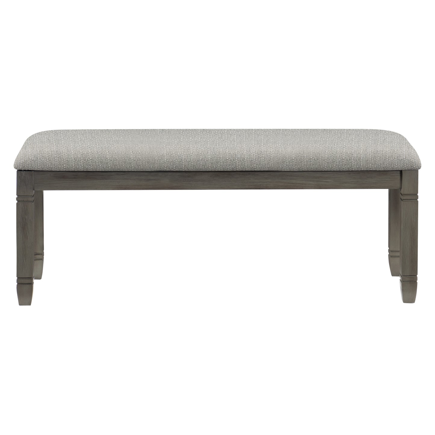 Gray upholstered dining bench with carved wooden legs