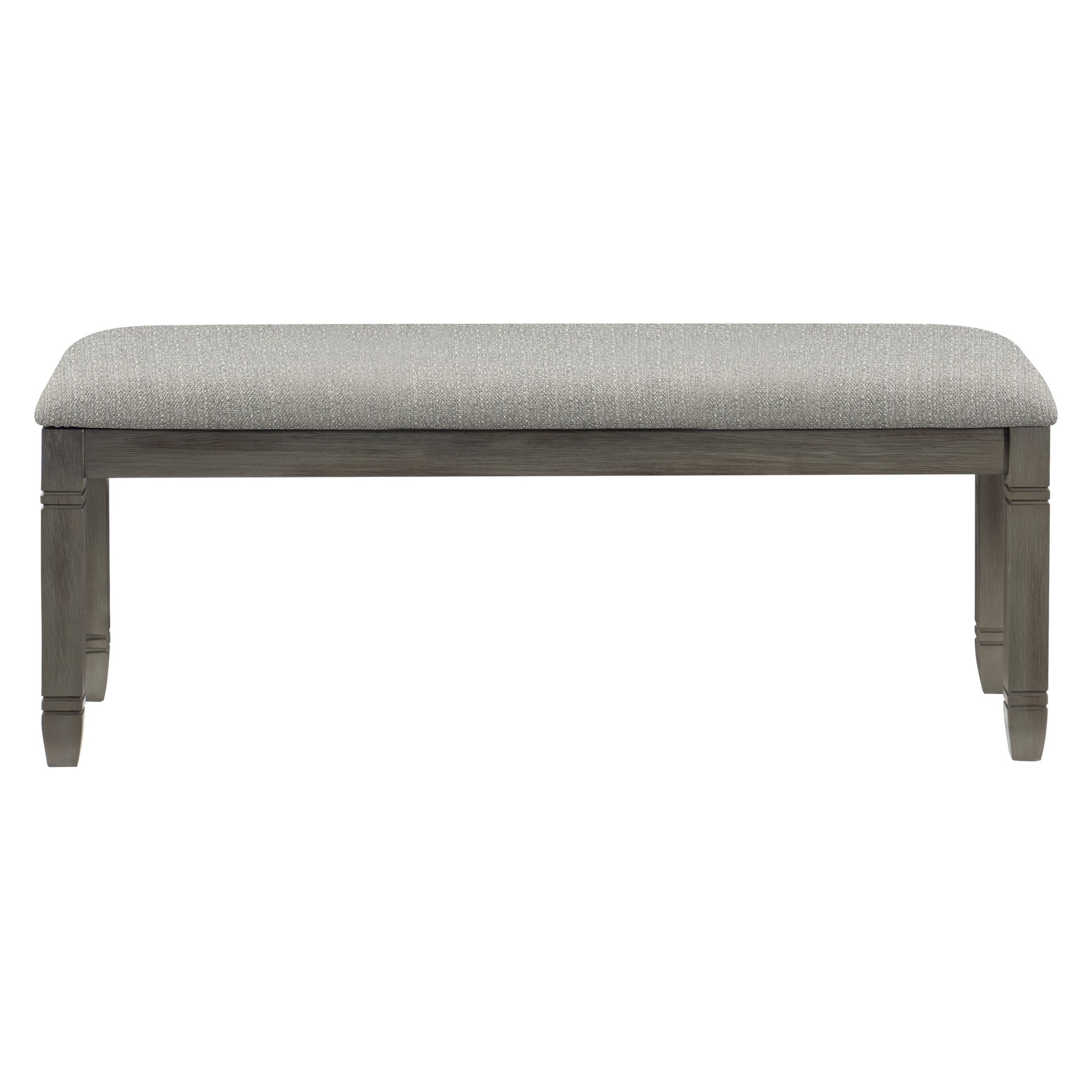 Gray upholstered dining bench with carved wooden legs