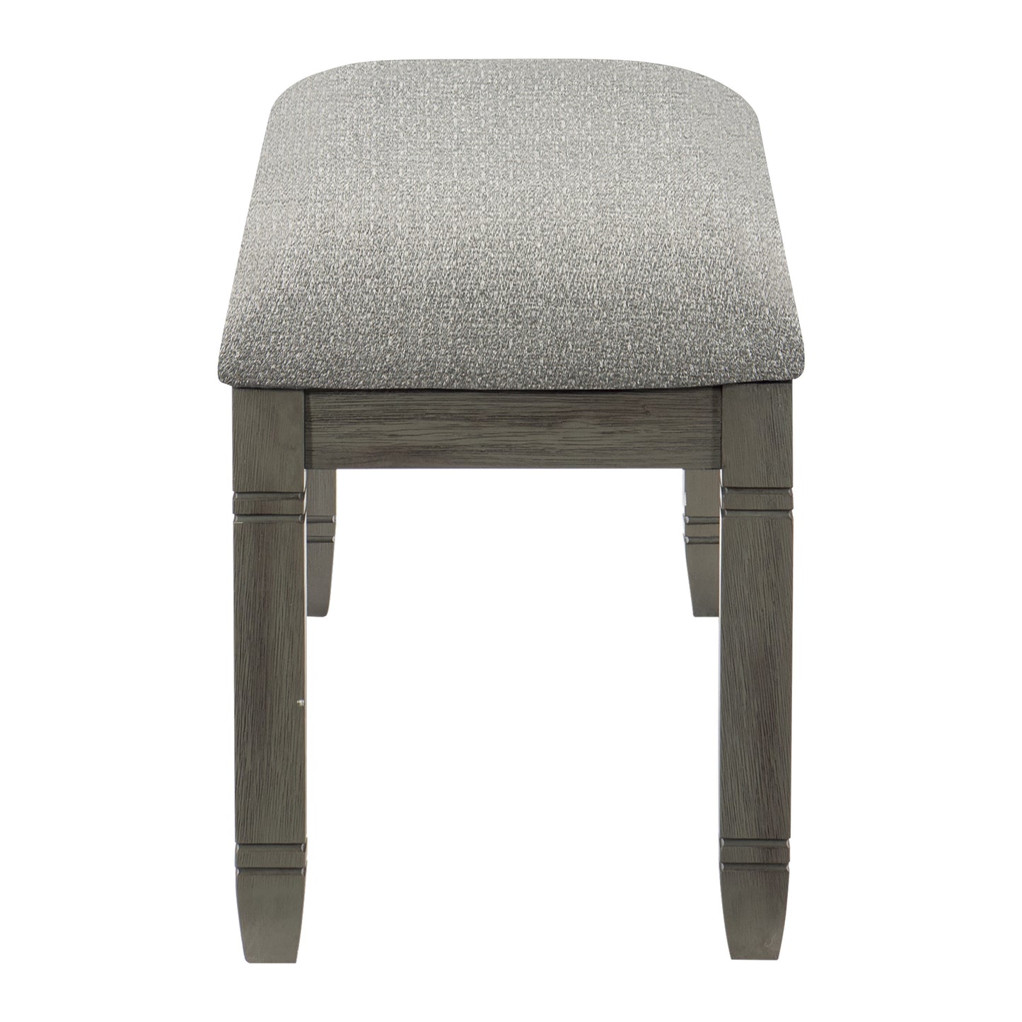 Gray upholstered bench with wooden legs