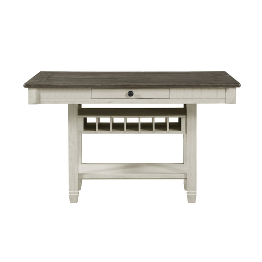 Rustic gray wash bar table with wine rack