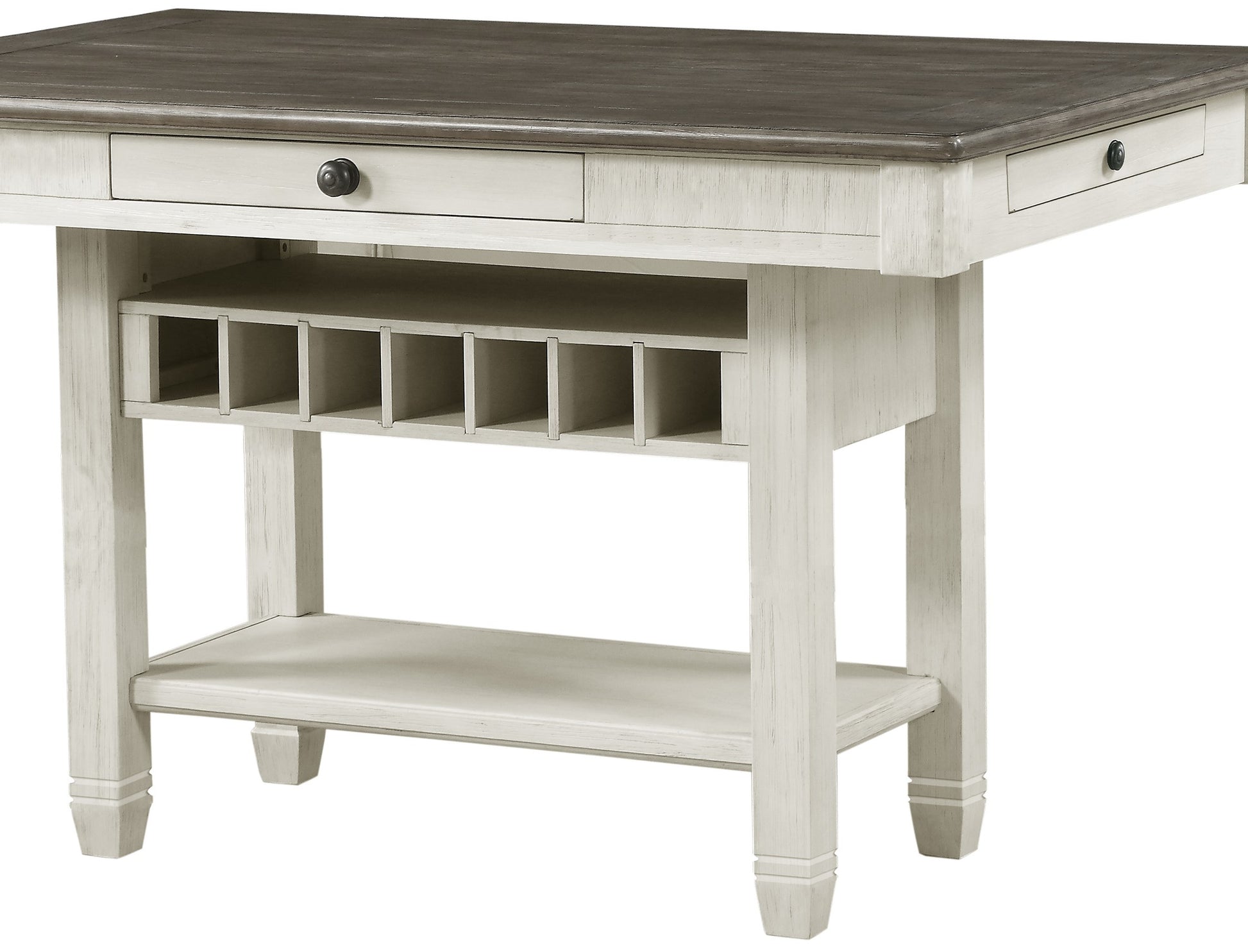 Farmhouse bar table with distressed white base and dark wood top
