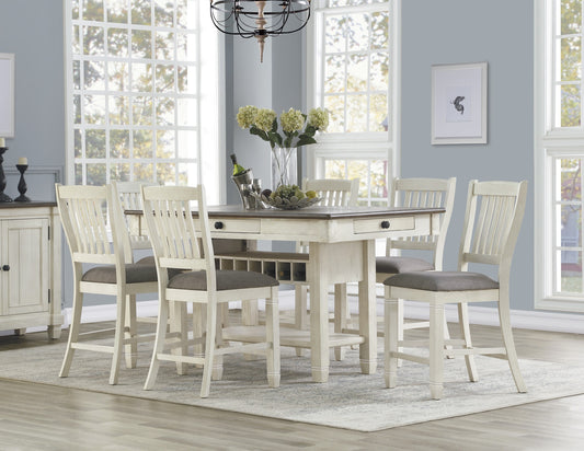 Farmhouse bar stool with distressed white finish and grey upholstered seat