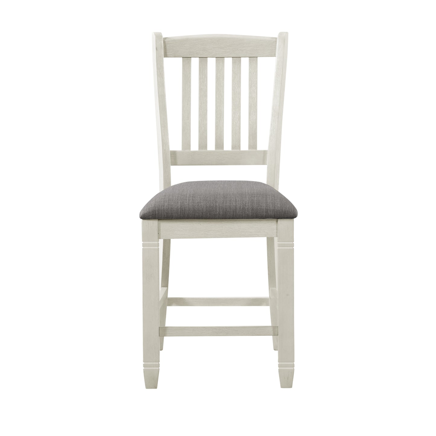White distressed wood counter stool with gray upholstered seat