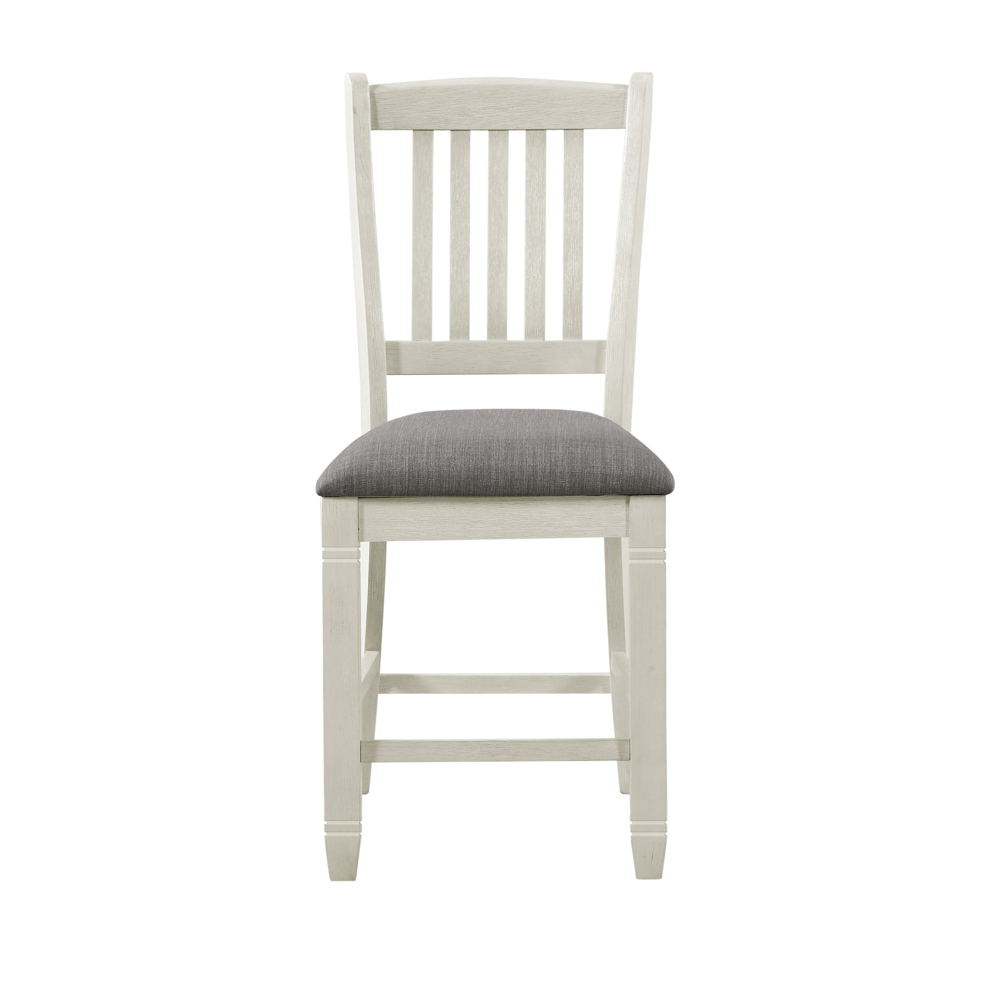White distressed wood counter stool with gray upholstered seat