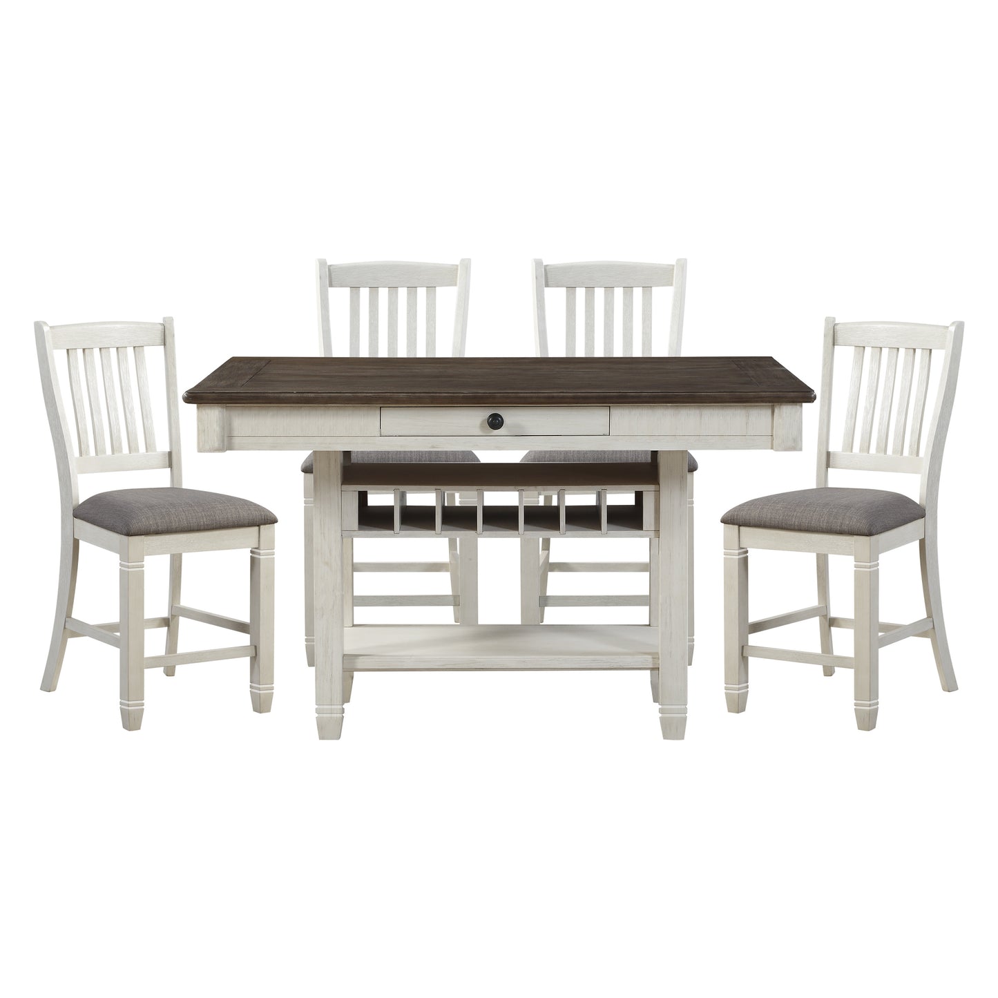 Rustic farmhouse dining set with distressed white wood chairs and dark brown table