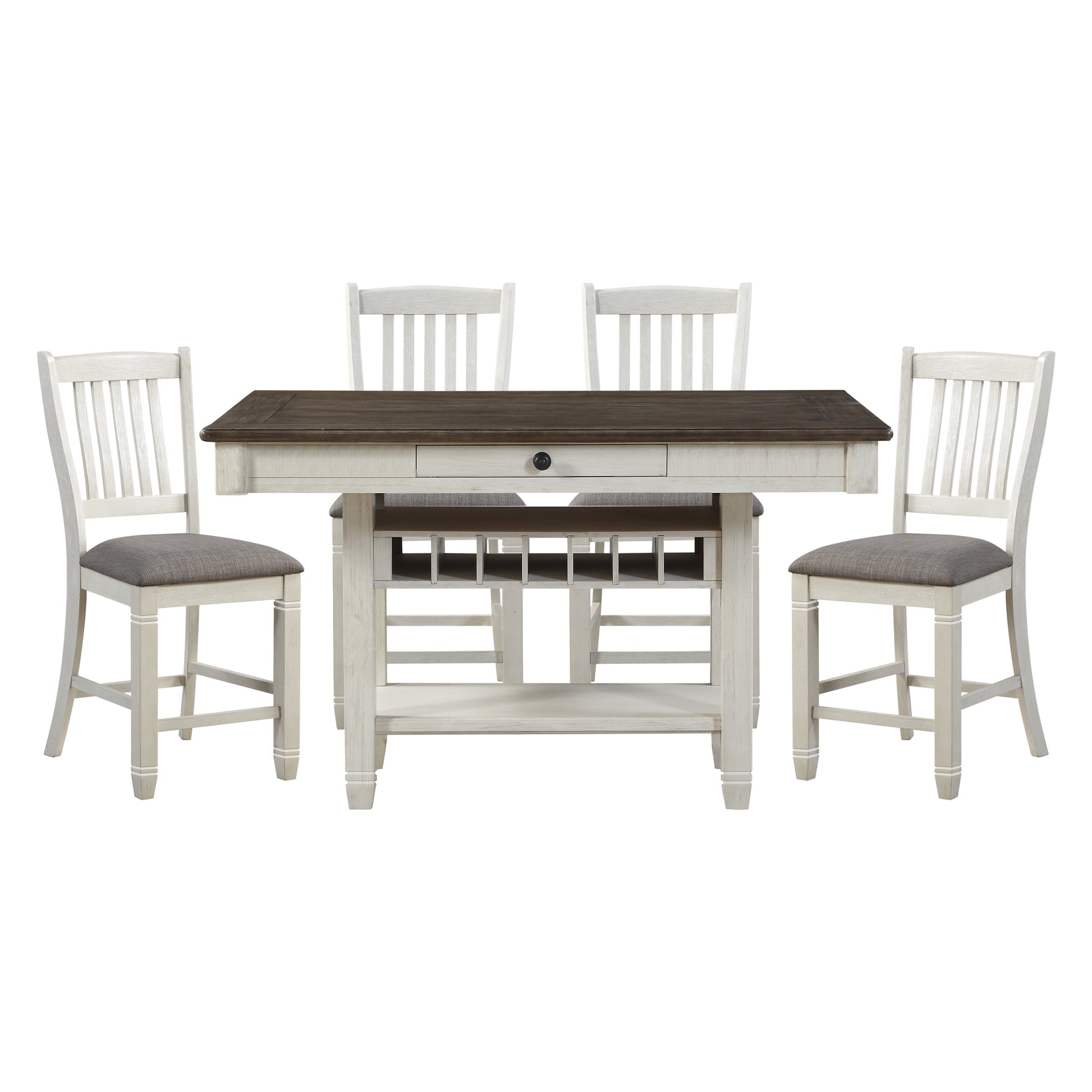 Rustic farmhouse dining set with distressed white wood chairs and dark brown table