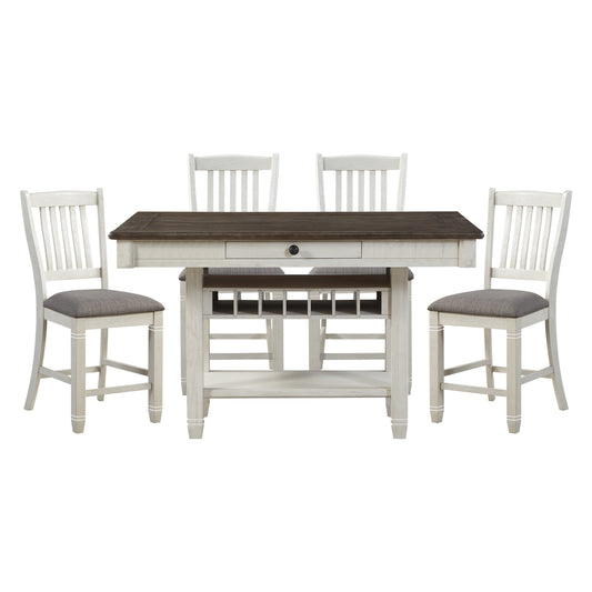 Rustic farmhouse dining set with distressed white wood chairs and dark brown table