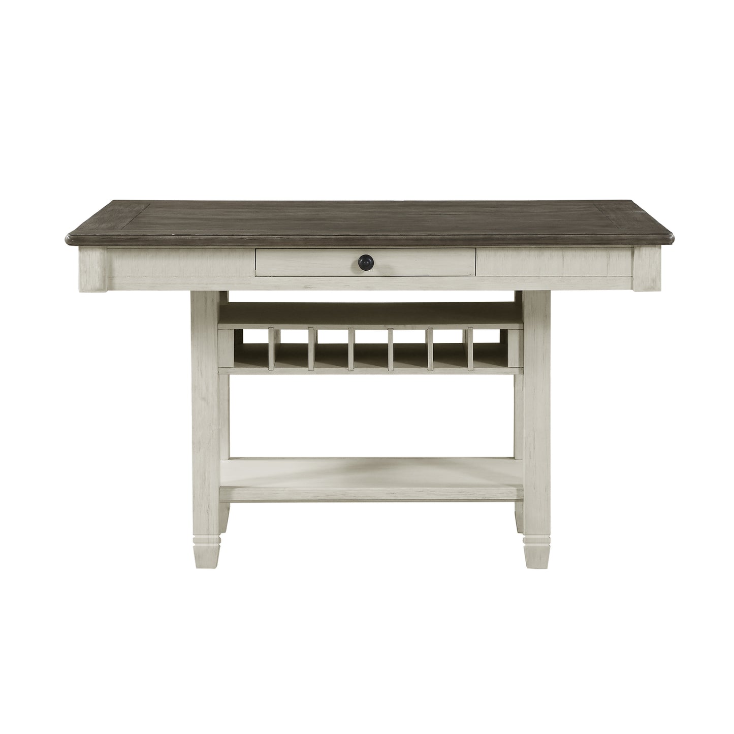 Distressed white wood bar table with dark wood top and wine rack
