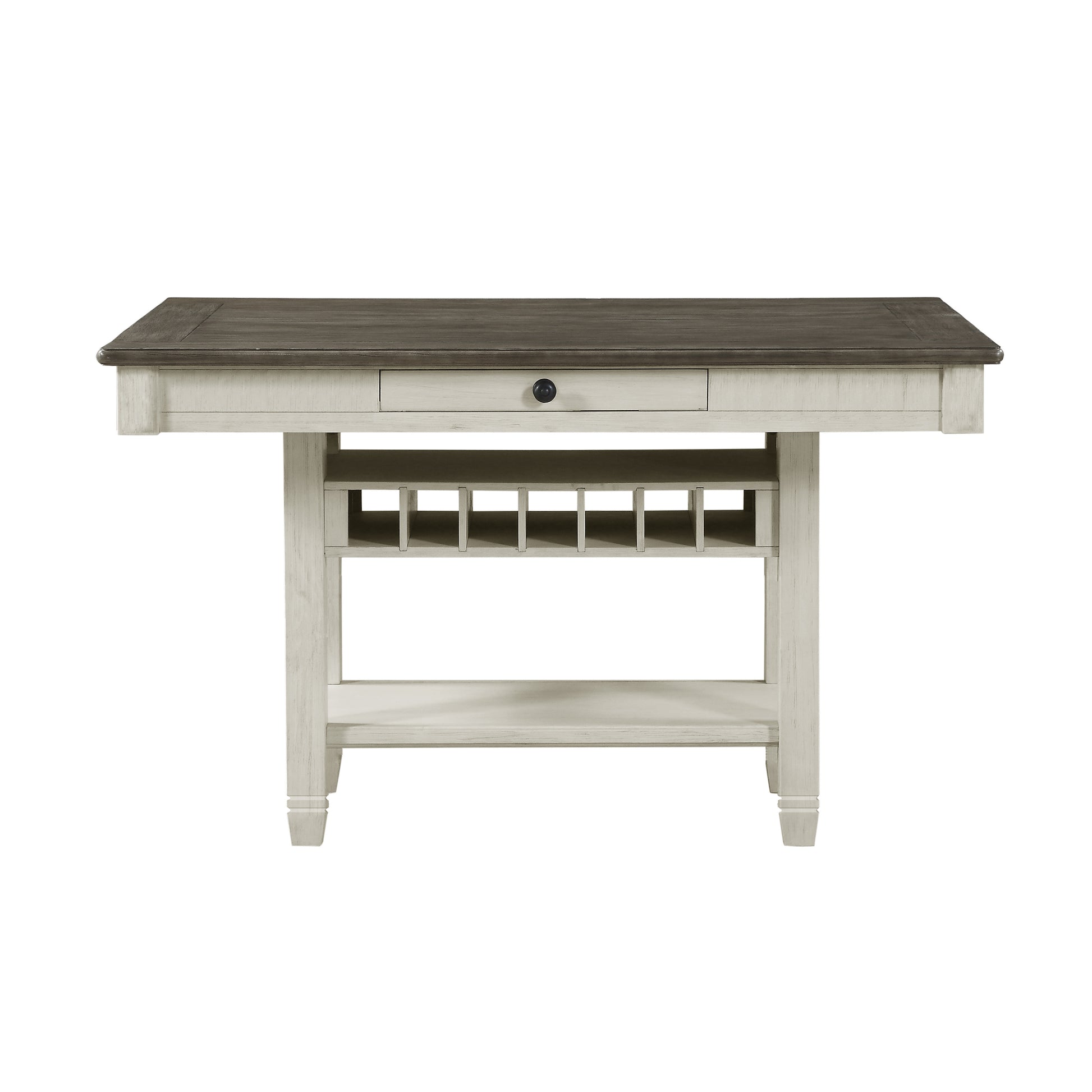 Distressed white wood bar table with dark wood top and wine rack