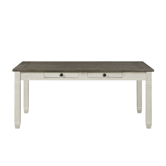 Rustic farmhouse dining table with two drawers and dark knobs