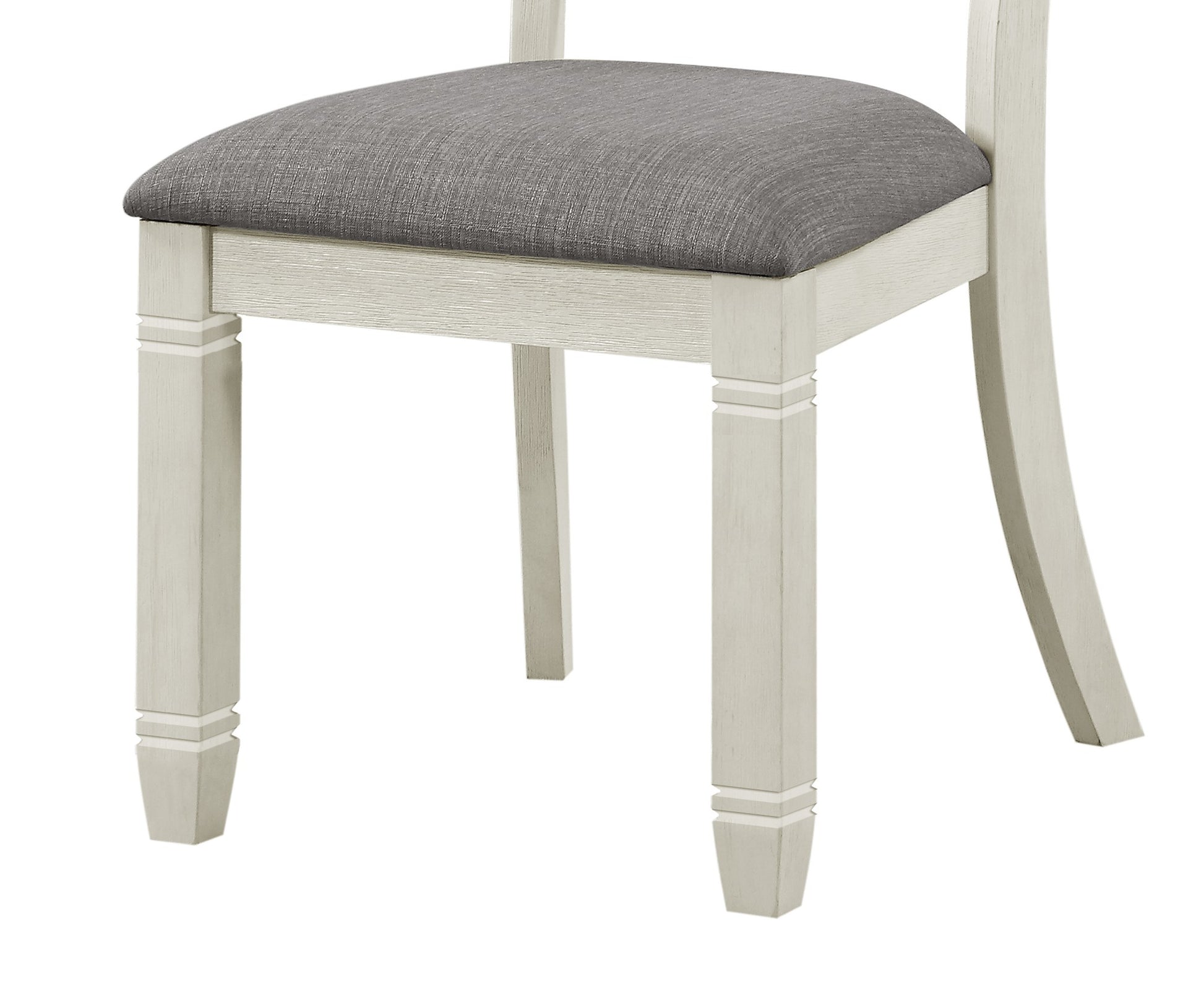 Distressed white dining chair with grey linen seat