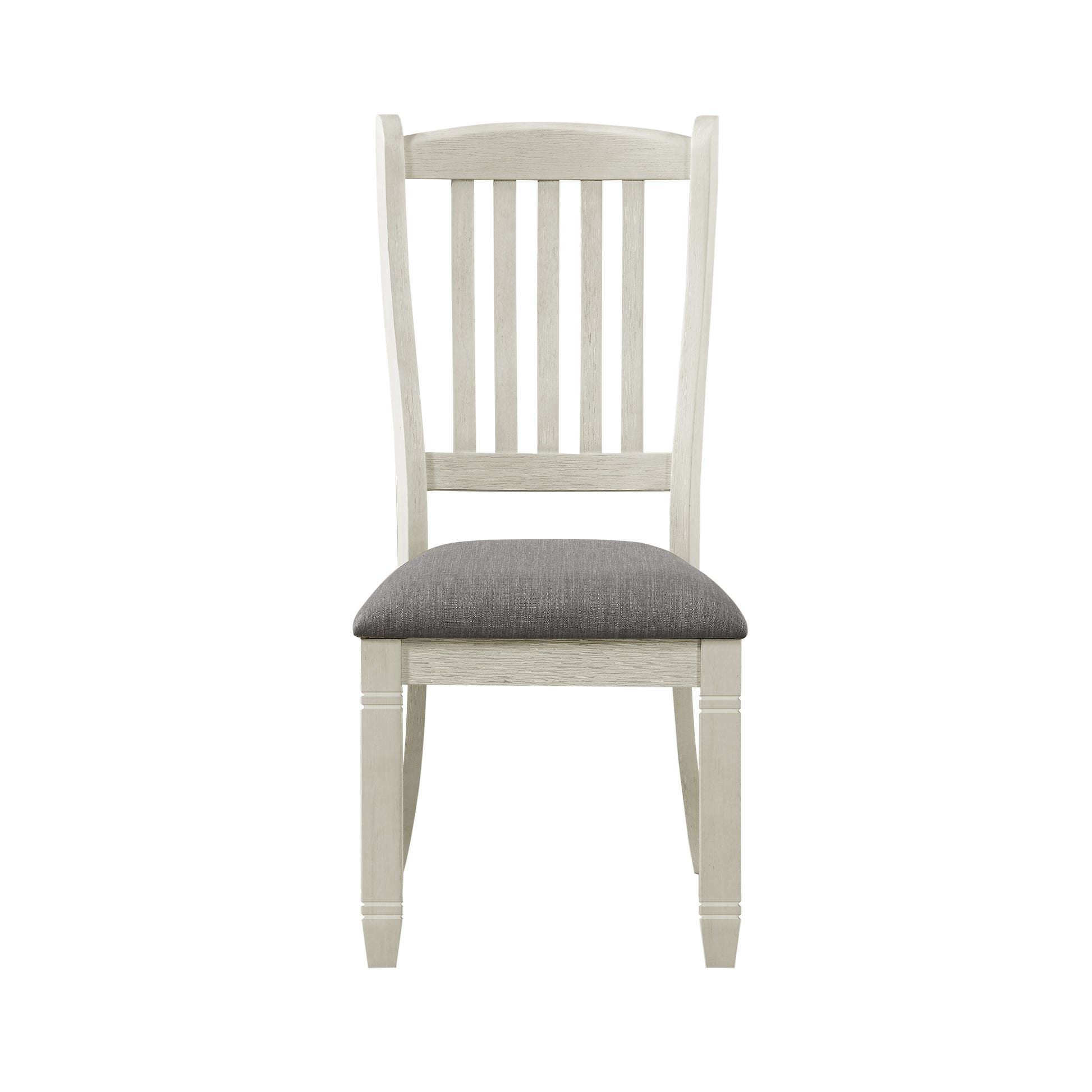 Light oak dining chair with a cushioned grey seat and slatted back
