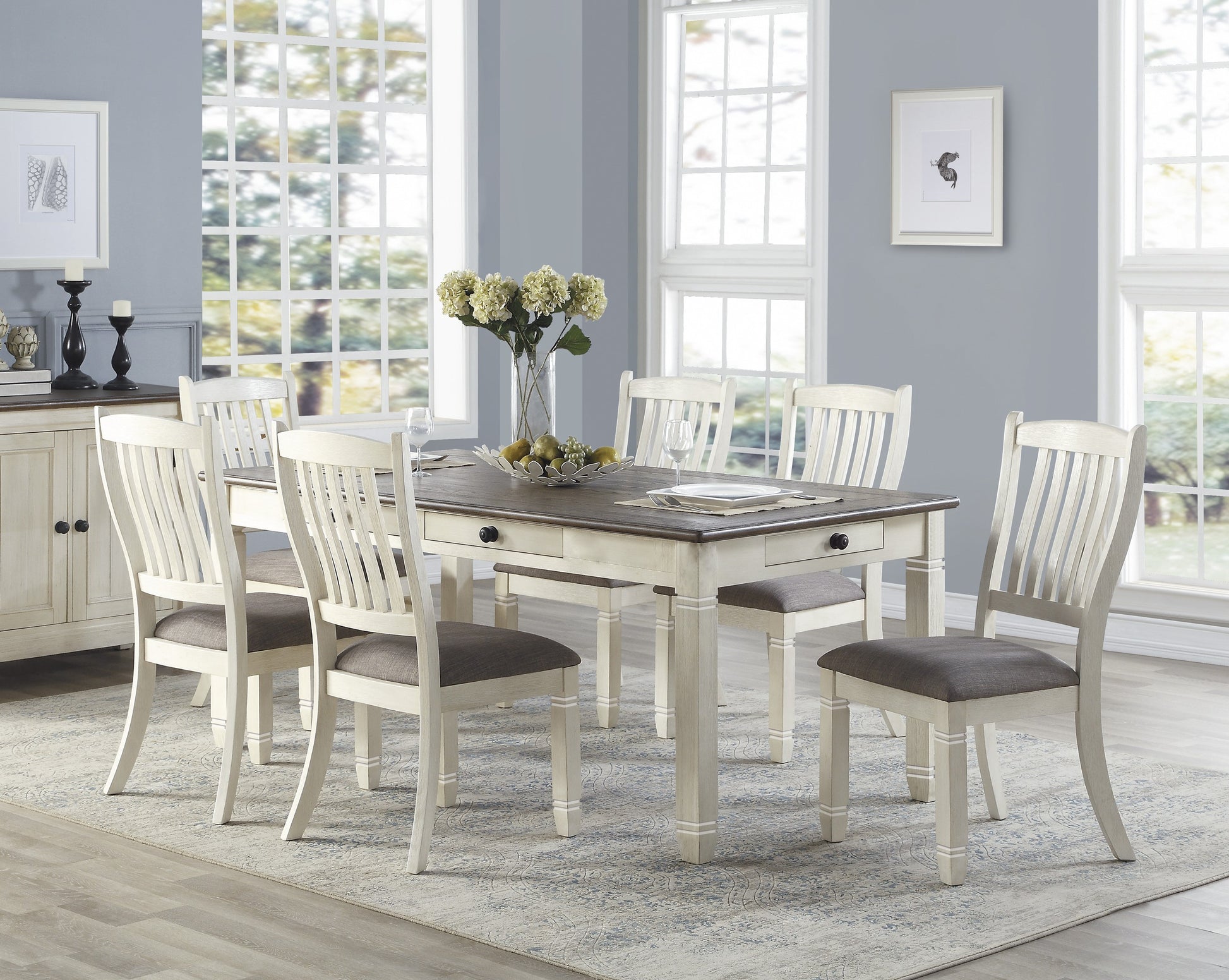 Farmhouse dining table and chairs set with rustic white finish and gray upholstered seats