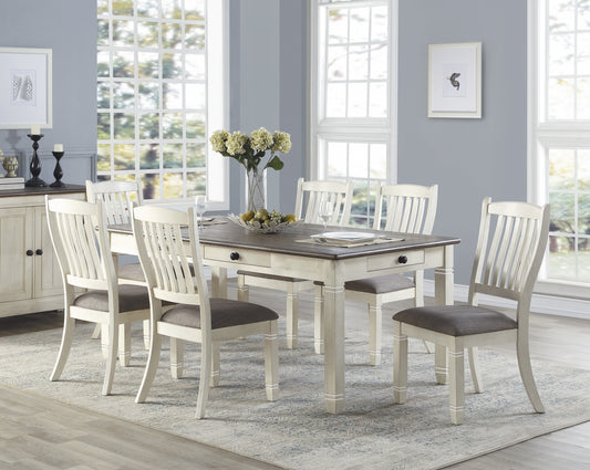 Farmhouse dining table and chairs set with rustic white finish and gray upholstered seats