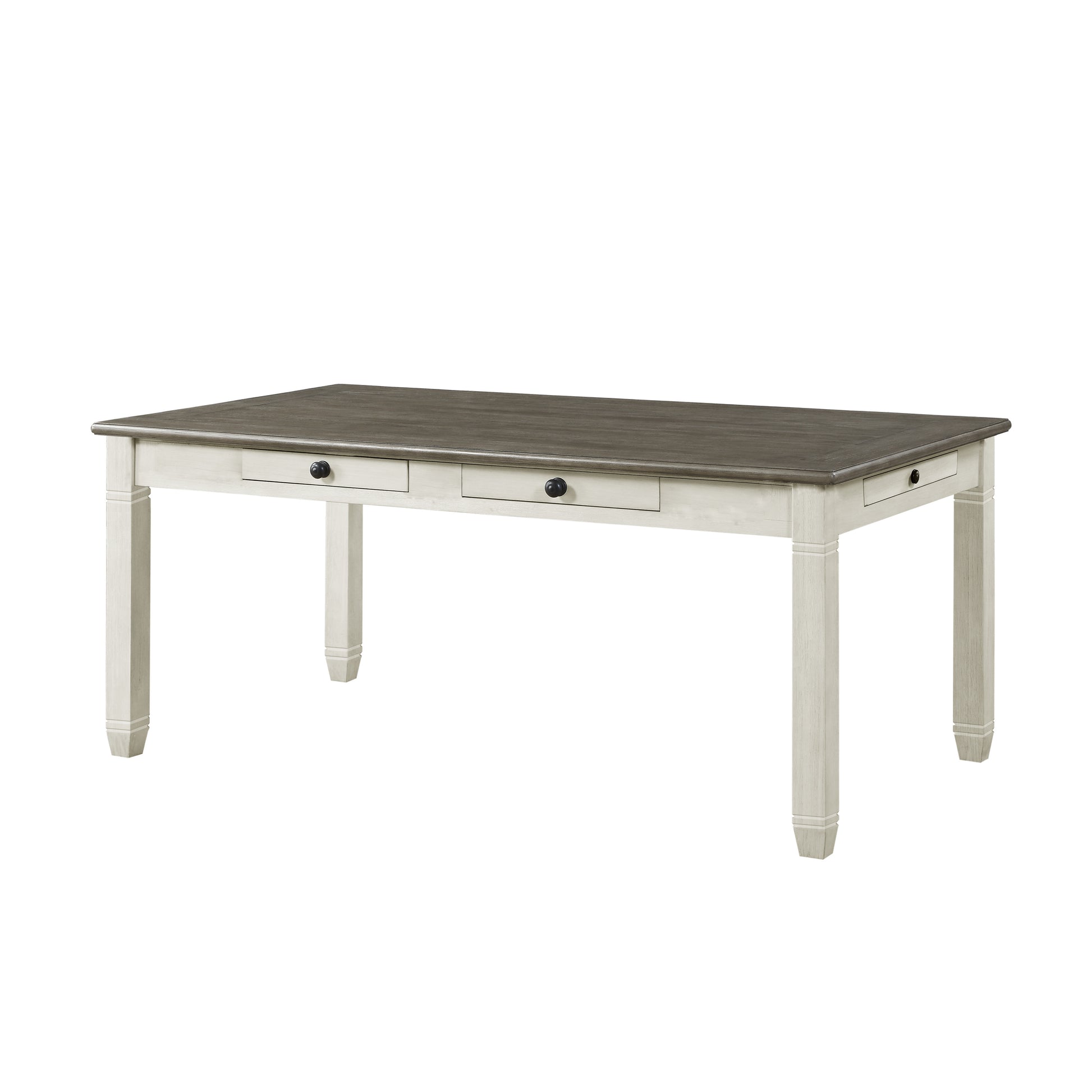 Farmhouse dining table with weathered gray top and distressed white base