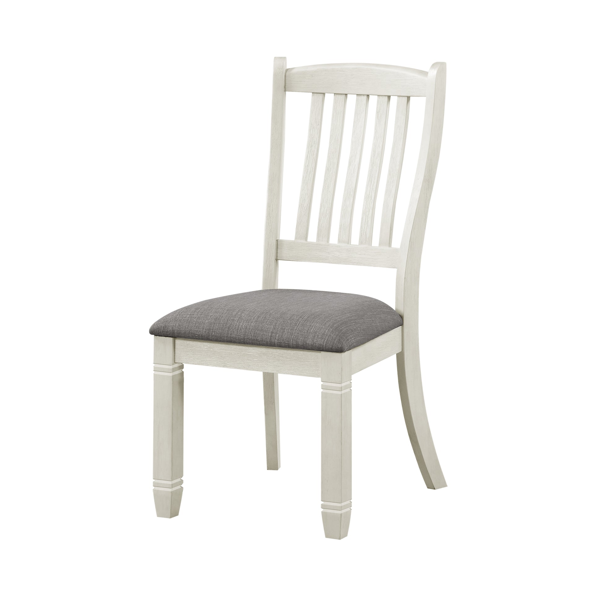 White wooden dining chair with grey fabric seat