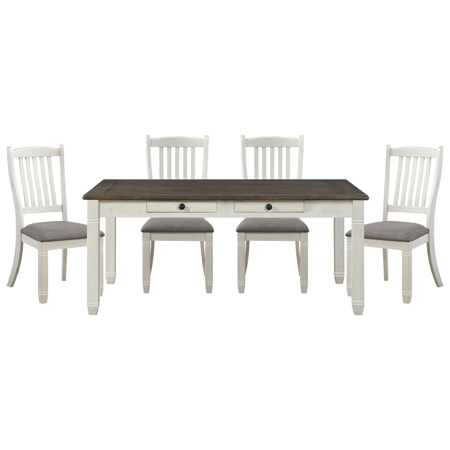 Farmhouse dining set with weathered white base and dark wood tabletop four chairs