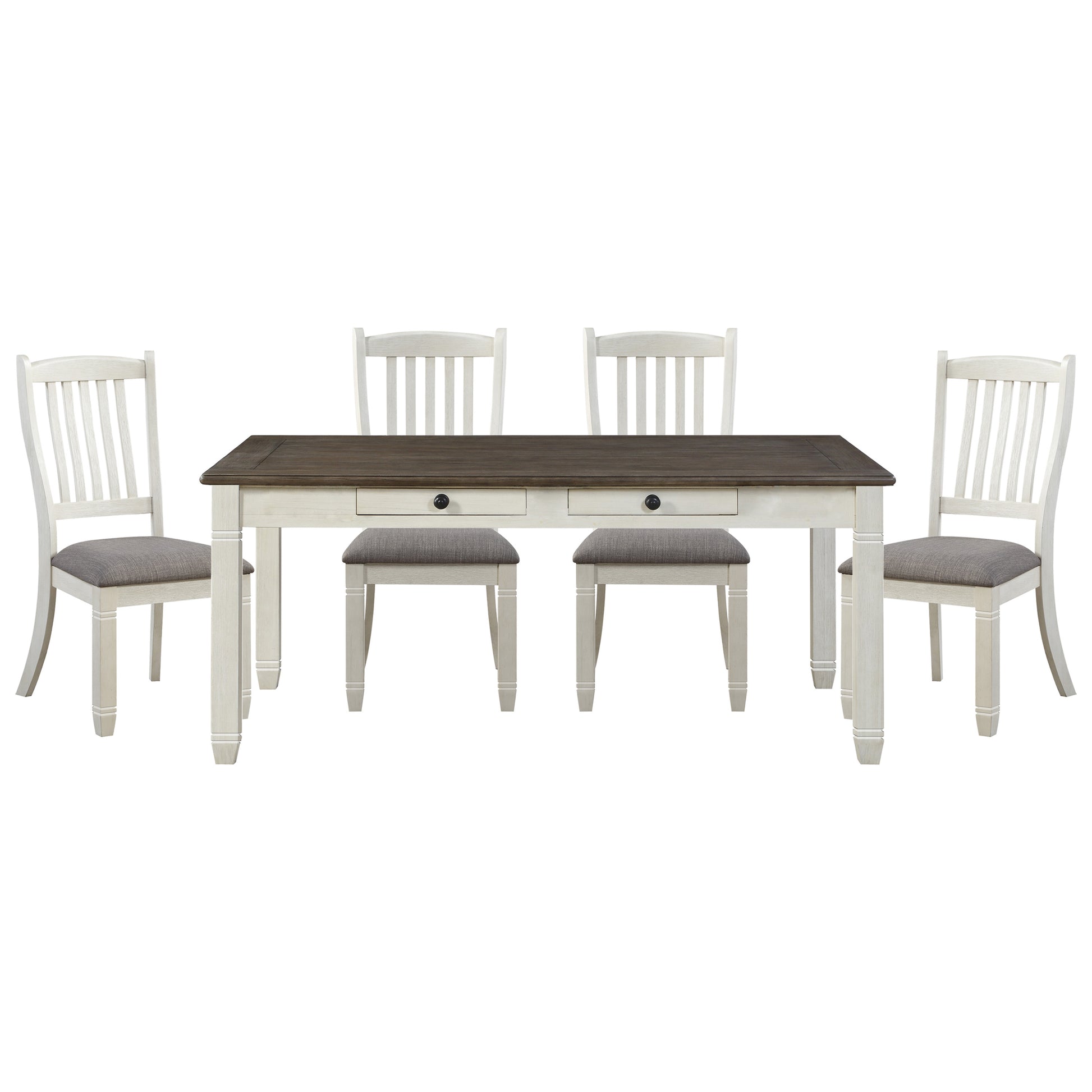 Farmhouse dining set with weathered white base and dark wood tabletop four chairs
