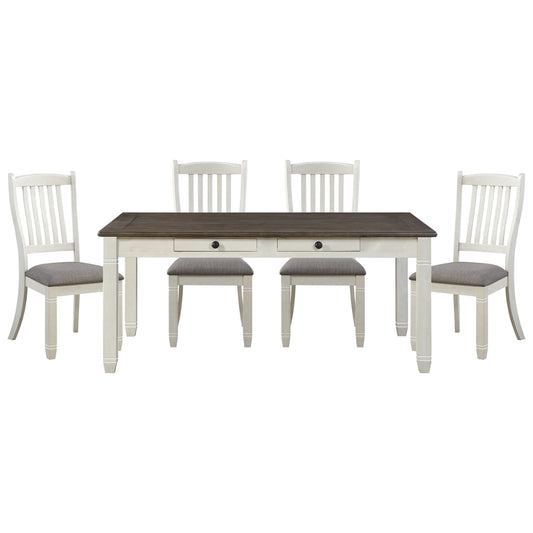 Farmhouse dining set with weathered white base and dark wood tabletop four chairs