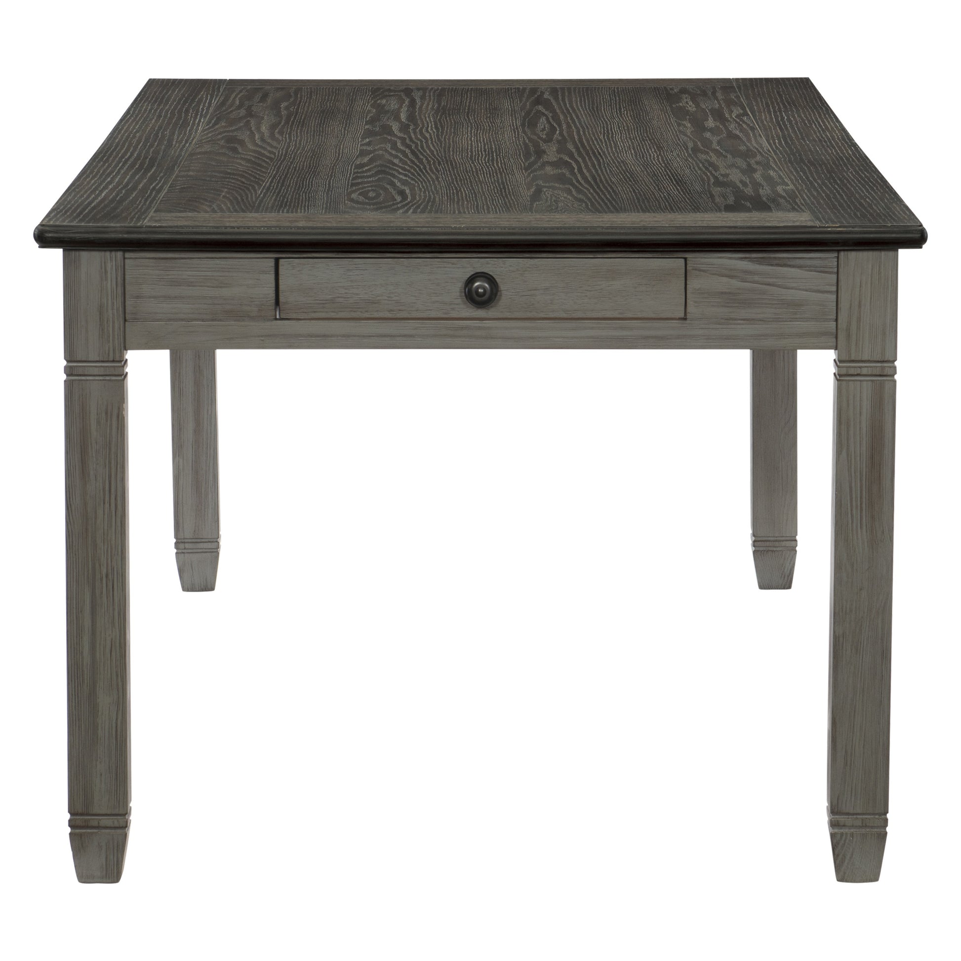 Grey washed wood accent table with single drawer and dark knob