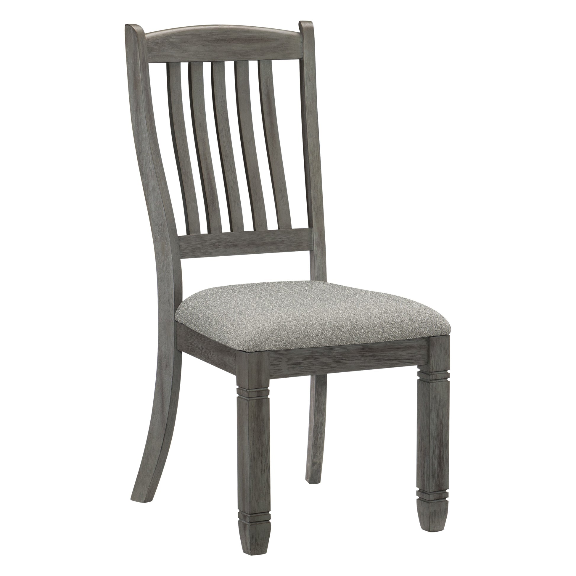 Rustic grey wood dining chair with slatted back and upholstered seat