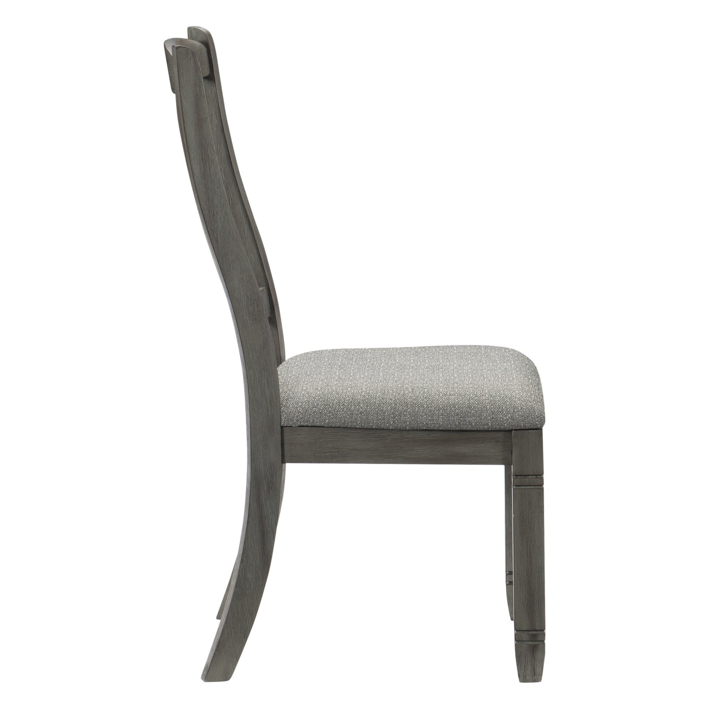 Gray upholstered dining chair with carved wooden backrest