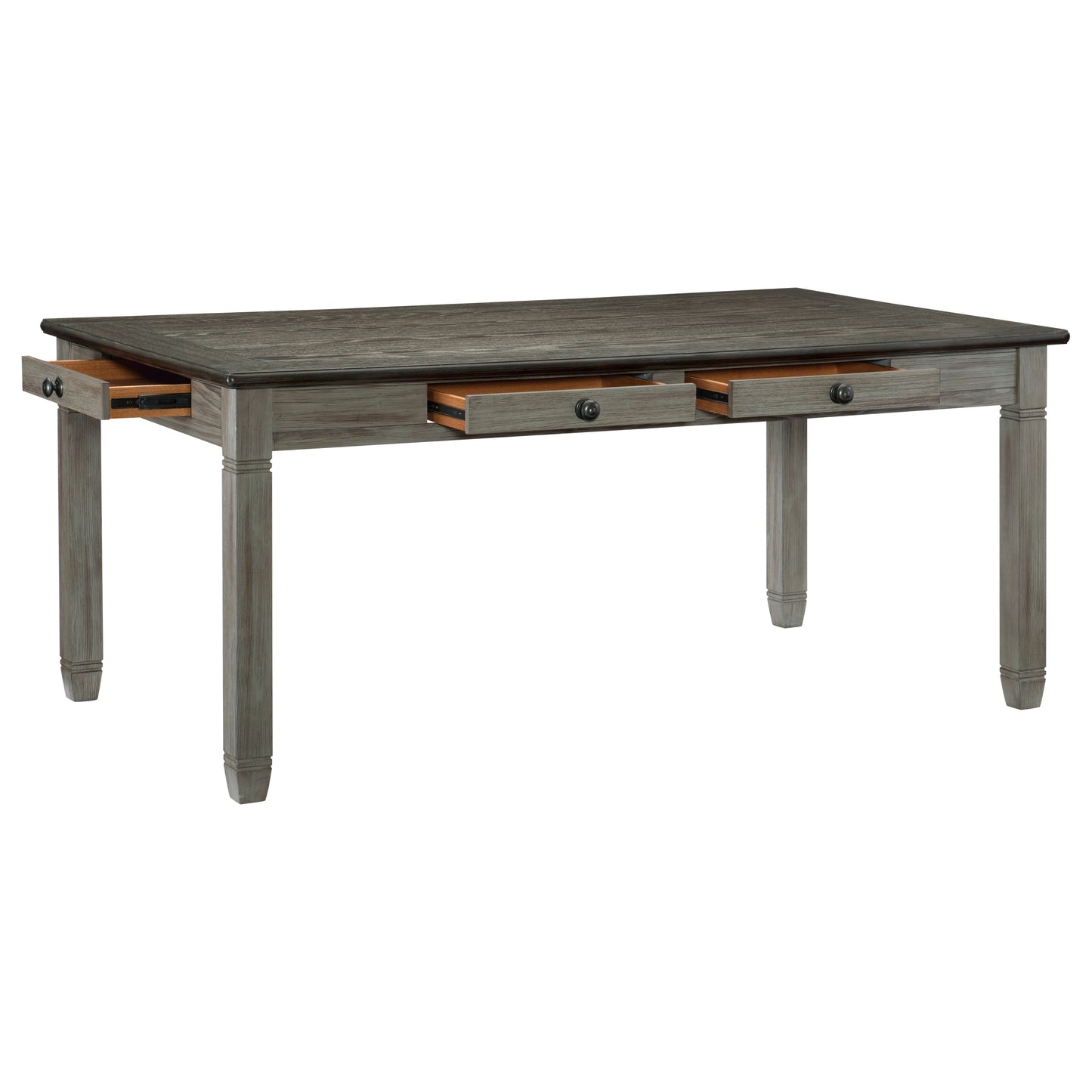 Distressed grey wood dining table with three visible drawers and dark hardware