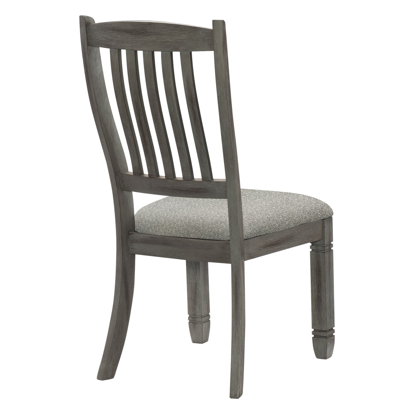 Grey wooden dining chair with slatted back and upholstered seat