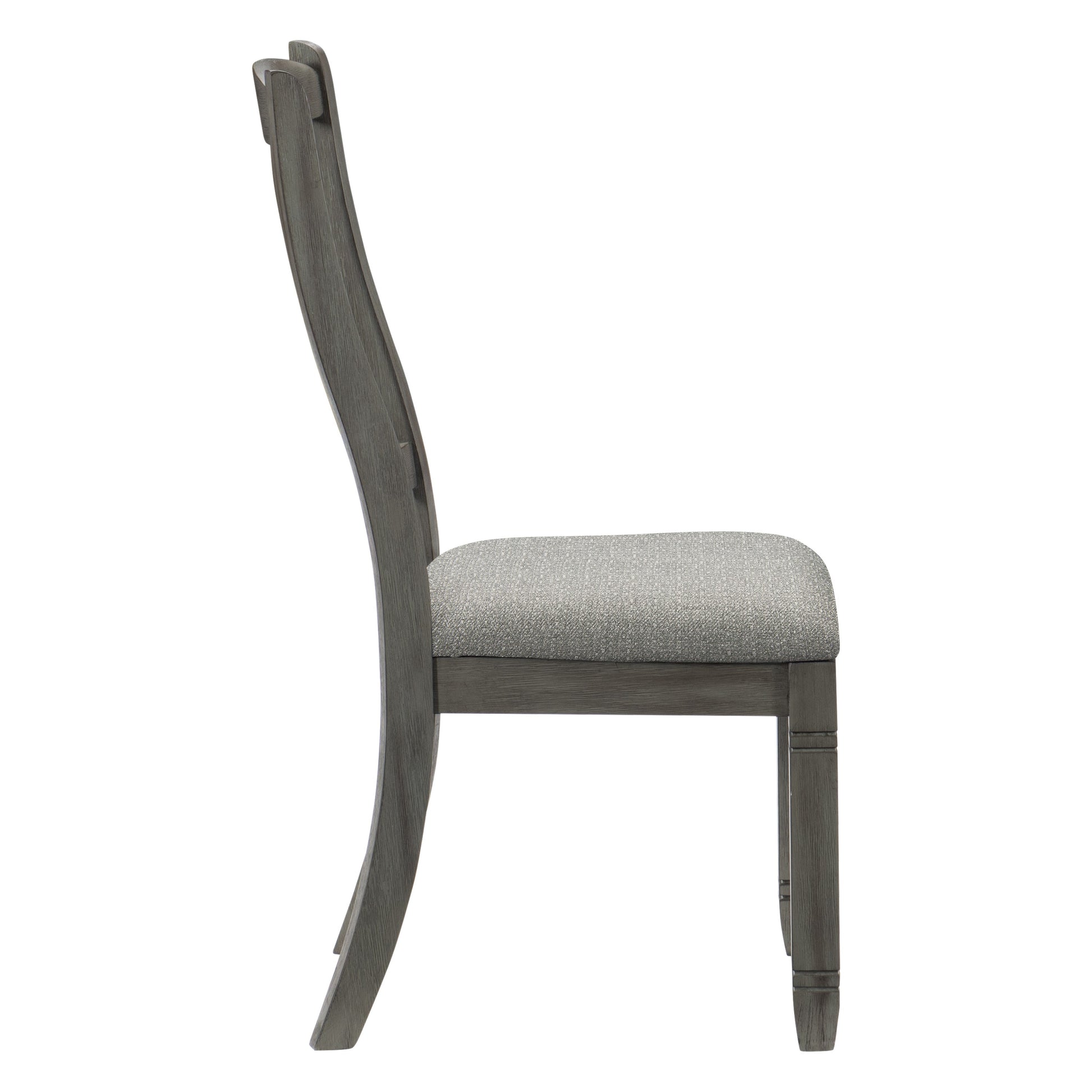 Gray upholstered dining chair with a curved wooden backrest