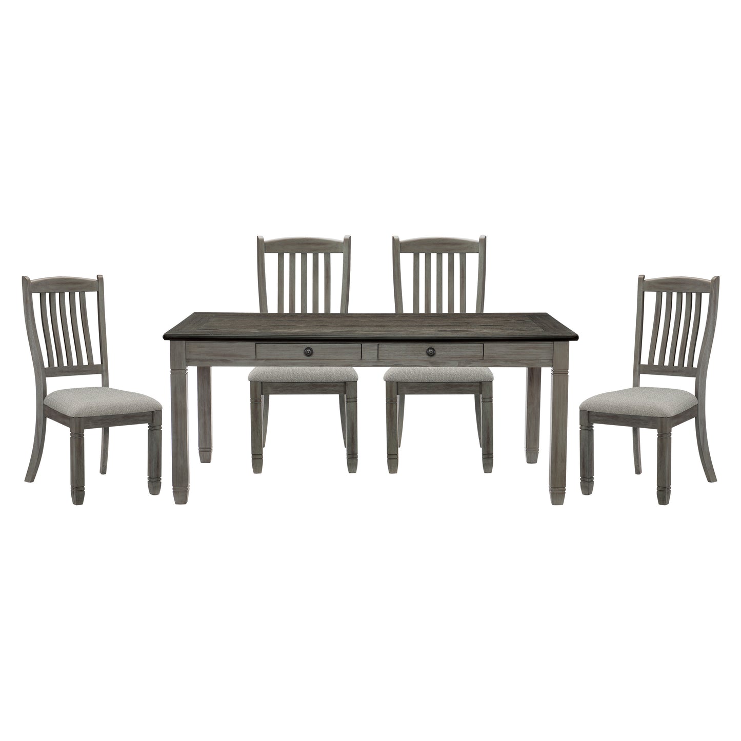 Gray wooden dining table with four matching slattedback chairs