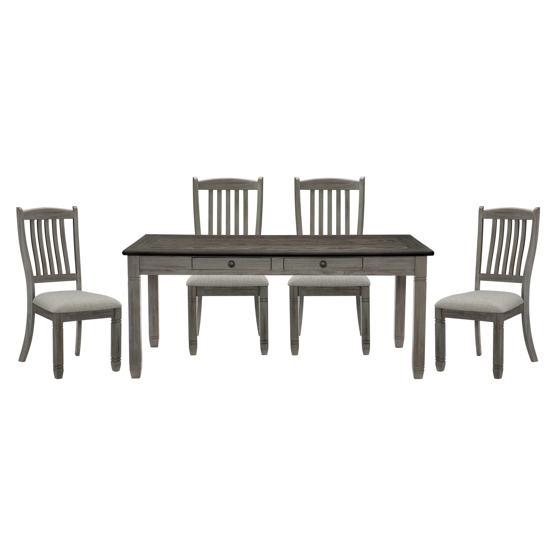 Gray wooden dining table with four matching slattedback chairs