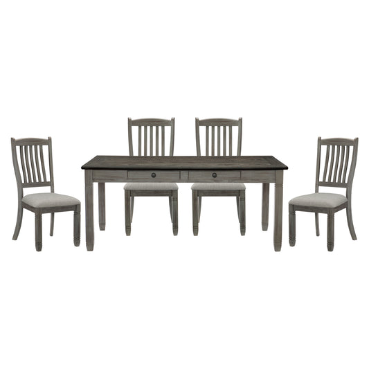 Gray wooden dining table with four matching slattedback chairs