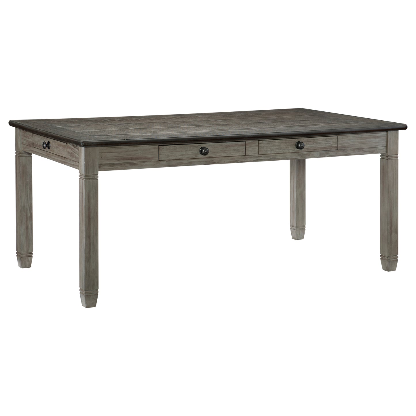 Rustic grey wood dining table with three drawers and dark metal knobs